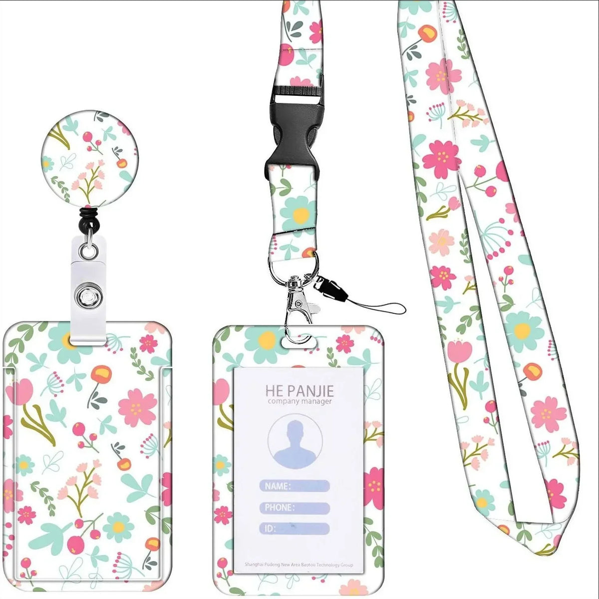 Floral retractable badge reel with lanyard featuring a pink and green floral pattern and an ID card holder.