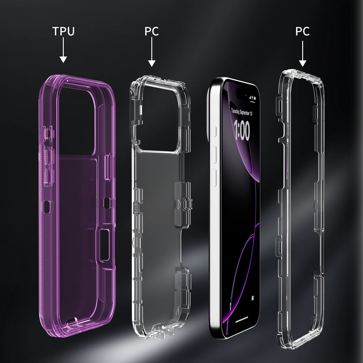 Three clear shockproof cases for iPhone models shown next to a TPU case.