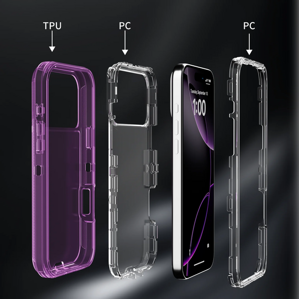 Three clear shockproof cases for iPhone models shown next to a TPU case.