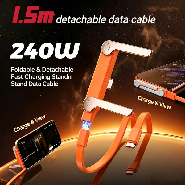 Câble de données orange pliable et amovible pour la recharge rapide d'un smartphone.