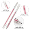 A set of clear glitter gel pens showing various components including a sturdy cap, high quality ink, and a 1.0mm bullet tip.