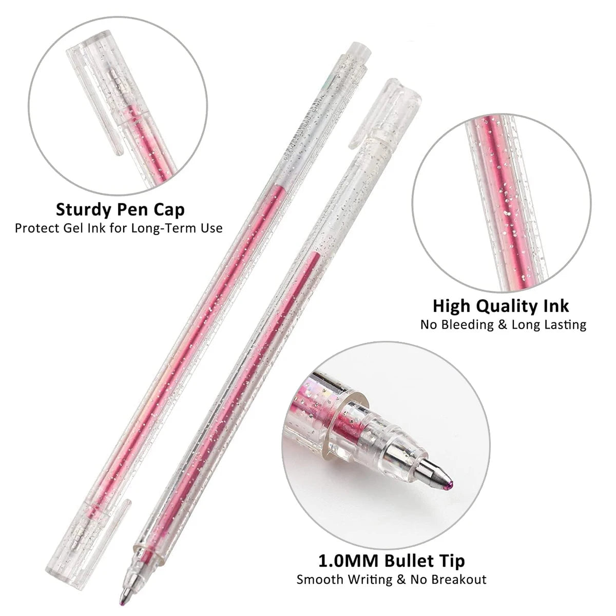 A set of clear glitter gel pens showing various components including a sturdy cap, high quality ink, and a 1.0mm bullet tip.