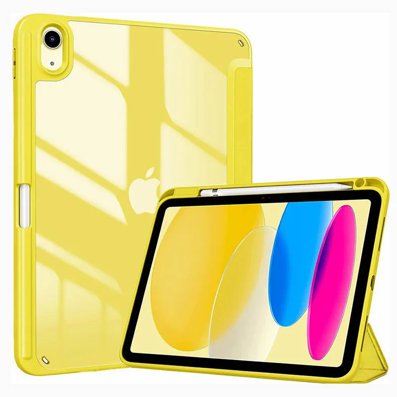 A yellow hybrid protective case for an iPad, shown with a tablet inside and a pencil holder.