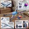 A foldable magnetic laptop stand shown in various modes including a phone holder, tablet stand, and an ergonomic grip.