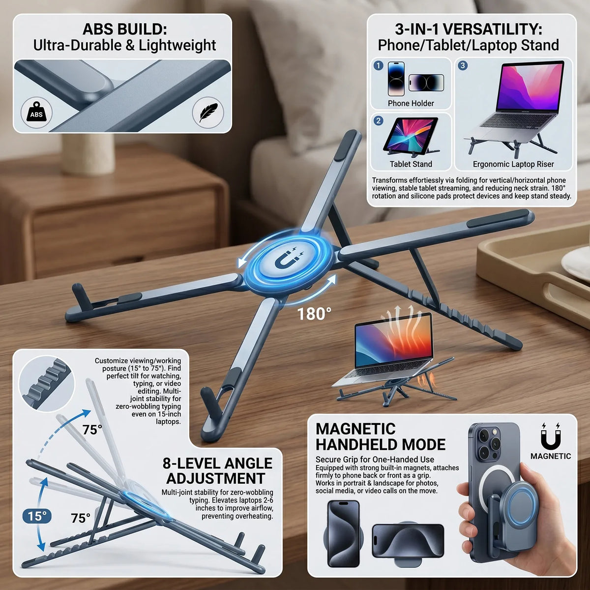 A foldable magnetic laptop stand shown in various modes including a phone holder, tablet stand, and an ergonomic grip.