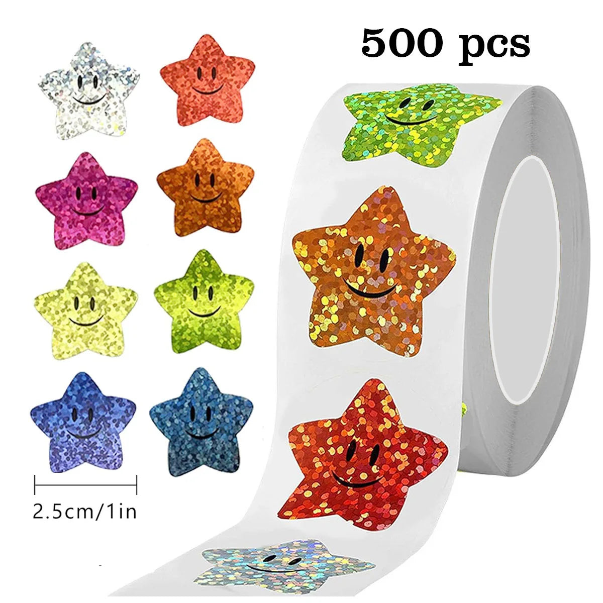 Eine Rolle mit 500 Glitzersternaufklebern in verschiedenen Farben und Formen für Basteln und Dekorieren