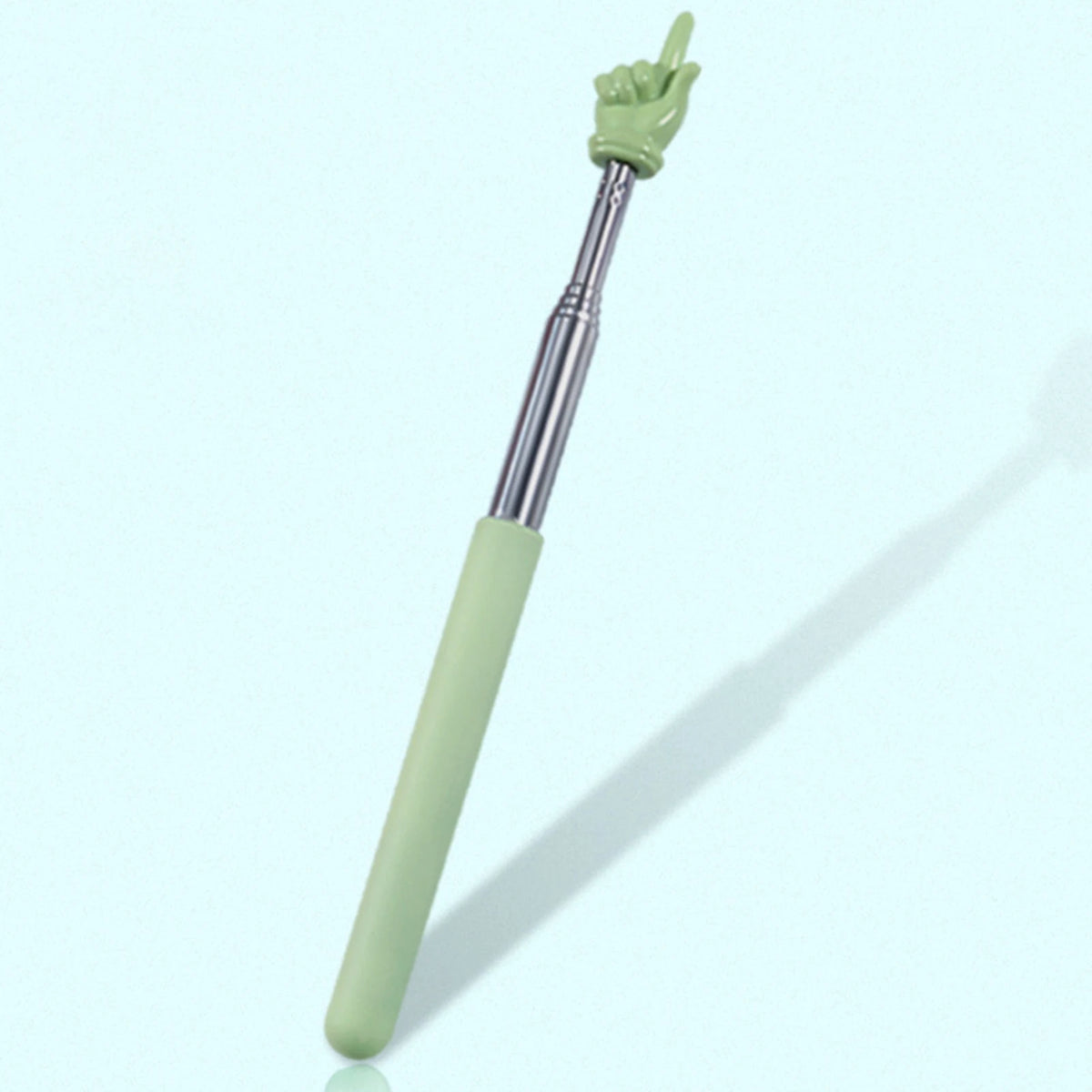 A light green retractable teacher pointer stick with a hand gesture at the tip.