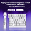 White contour M30 HE magnetic switch one-handed keyboard with a full layout shown on a purple background.