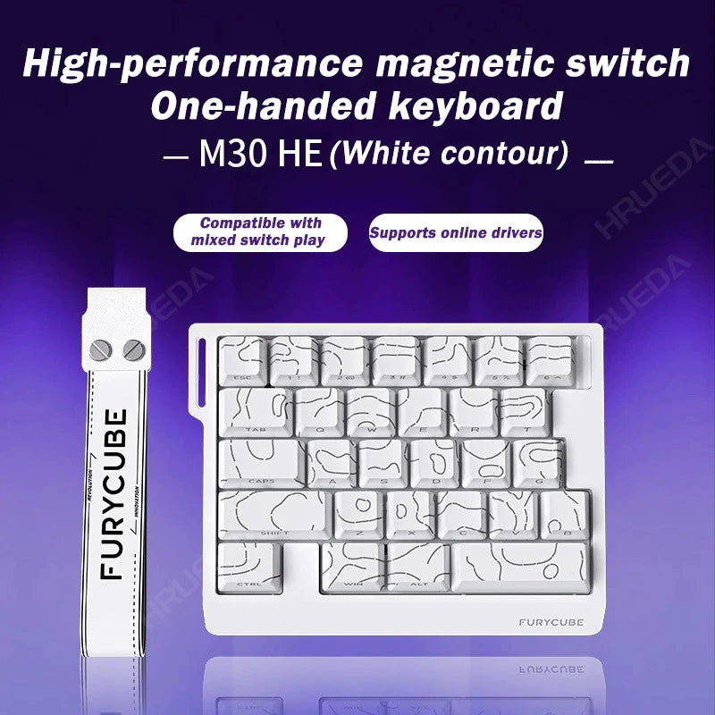 White contour M30 HE magnetic switch one-handed keyboard with a full layout shown on a purple background.