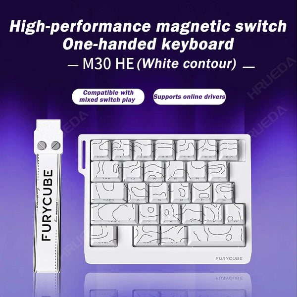 White contour M30 HE magnetic switch one-handed keyboard with a full layout shown on a purple background.