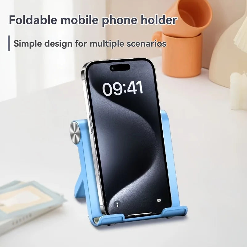 A foldable blue mobile phone holder displaying the time 09:41 on a smartphone.