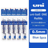 Uni-ball ONE Refills showing 0.5mm blue pens in a pack of five