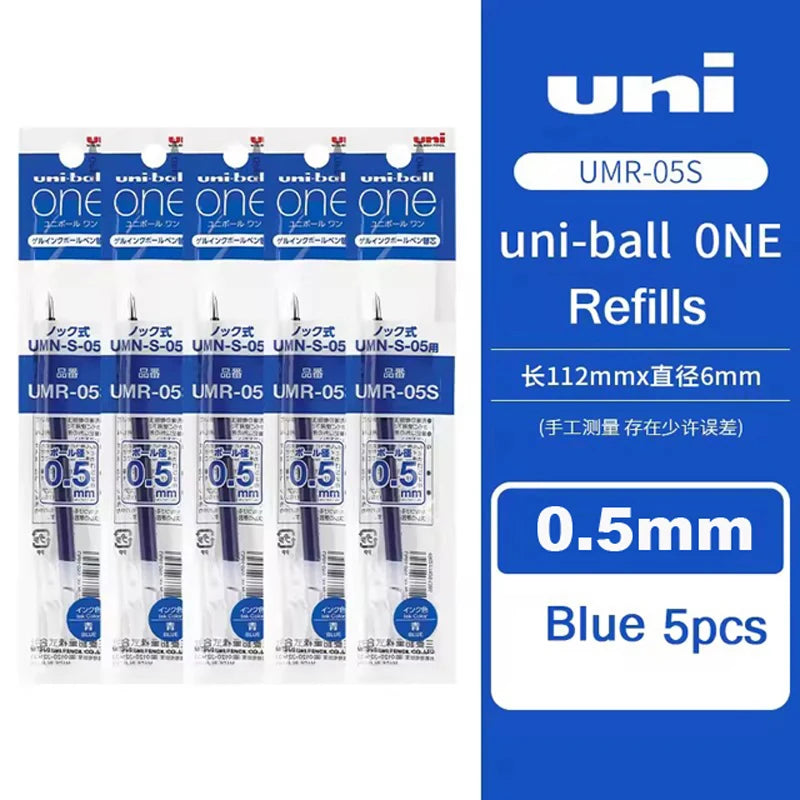 Uni-ball ONE Refills showing 0.5mm blue pens in a pack of five