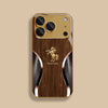 Golden horse wood grain tempered glass phone case for iPhone with a gold back and textured side.