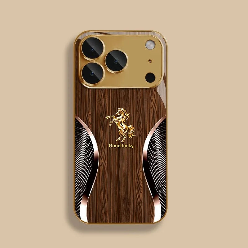 Golden horse wood grain tempered glass phone case for iPhone with a gold back and textured side.