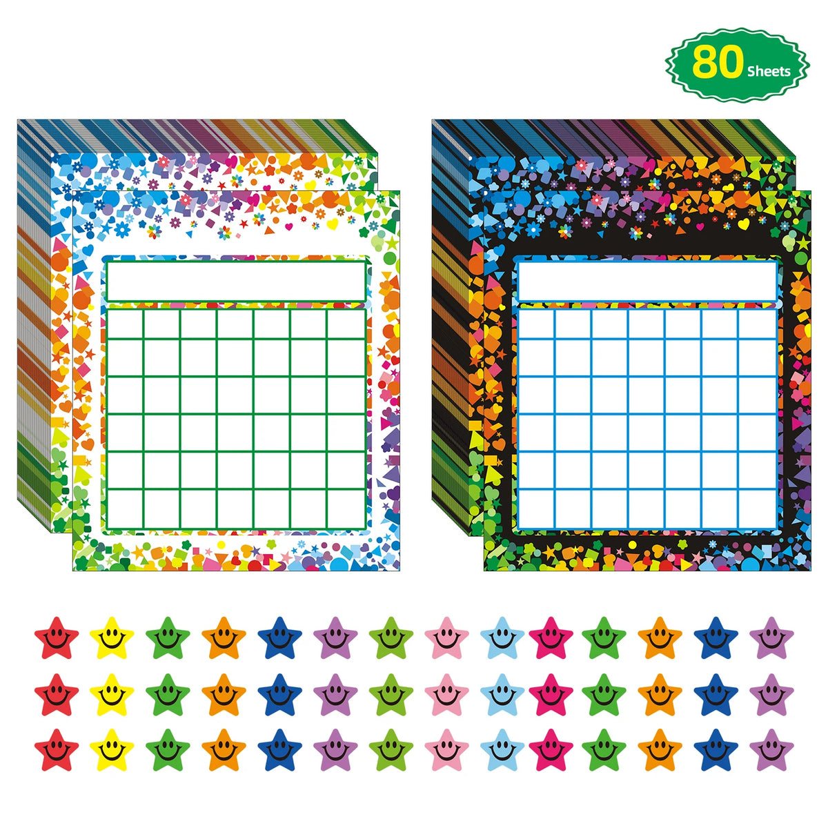 An incentive reward chart for kids behavior tracking featuring a grid and colorful confetti borders.
