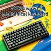 A close-up of a black wired mechanical keyboard with a rotary volume knob displayed on a yellow and blue background.