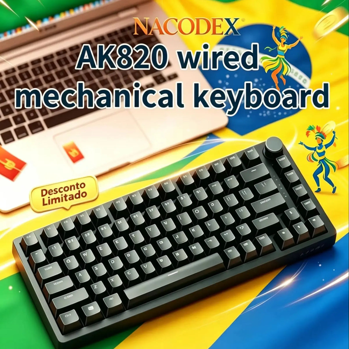 A close-up of a black wired mechanical keyboard with a rotary volume knob displayed on a yellow and blue background.