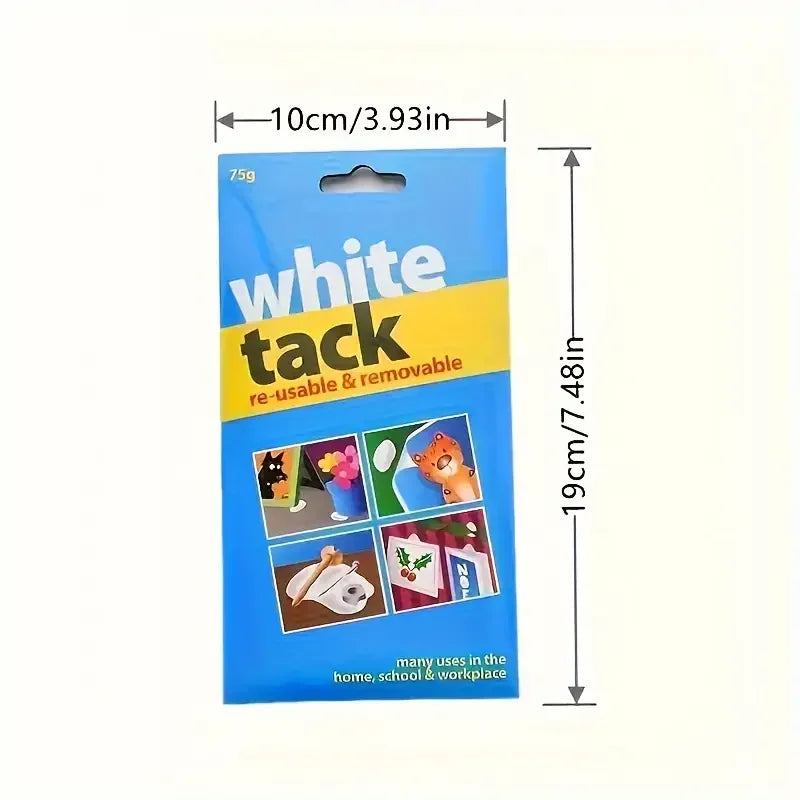 A blue package of White Tack reusable and removable sticky adhesive putty with dimension markings.