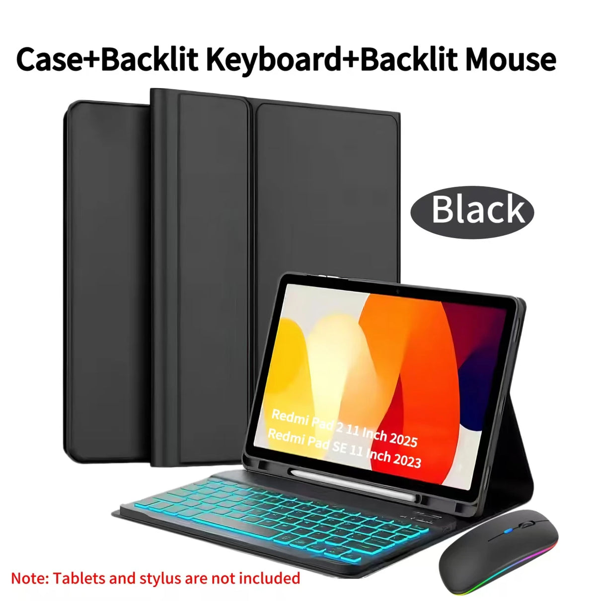 Black case and backlit mouse shown with a Redmi Pad 2 and Redmi Pad SE tablet.