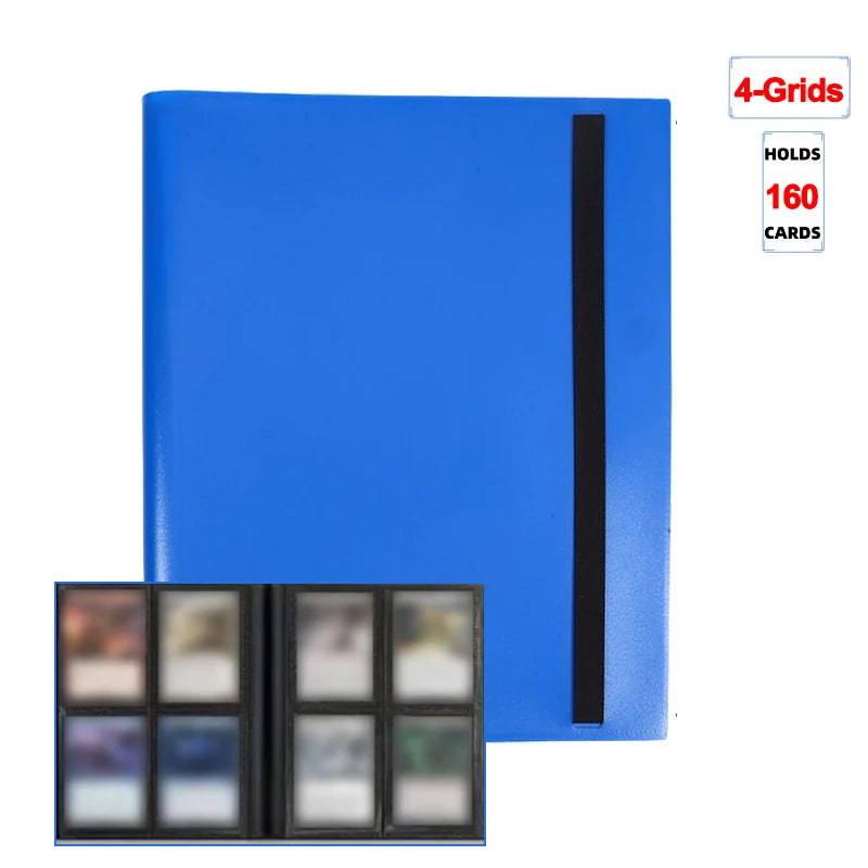 A blue 4-grid card binder album with a black spine and a clear view of the interior.