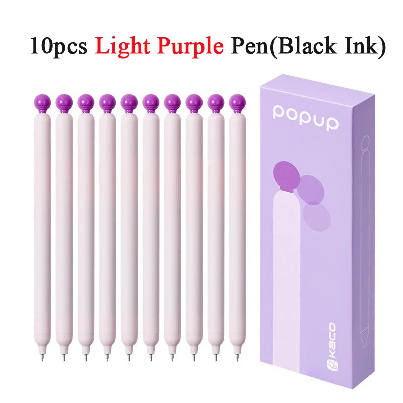 A box containing 10 light purple pens with black ink and a popup design.
