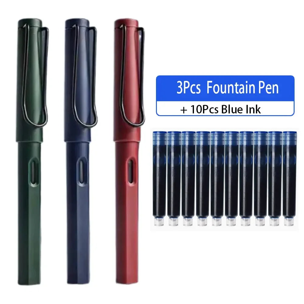 A set of three red and green fountain pens with ten blue ink cartridges.