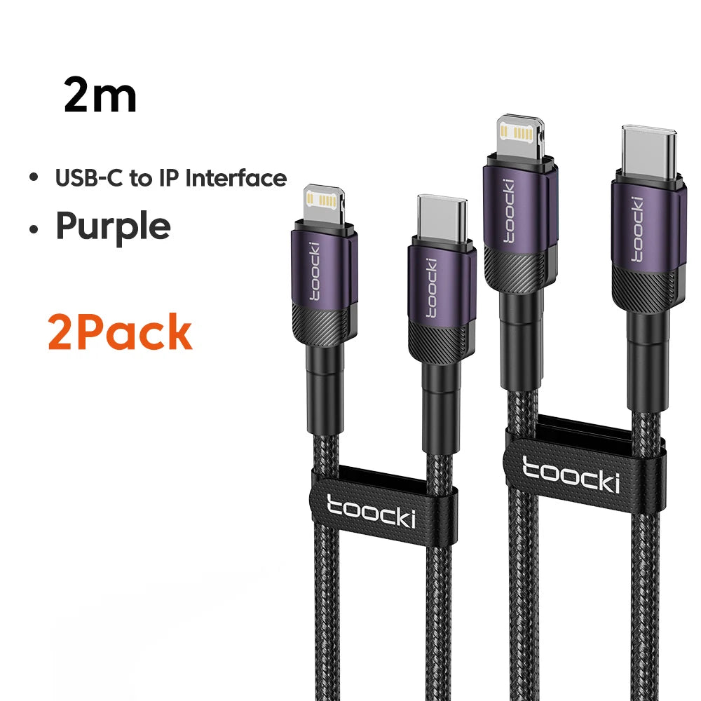 A pair of purple USB-C to IP interface charging cables for fast charging devices.