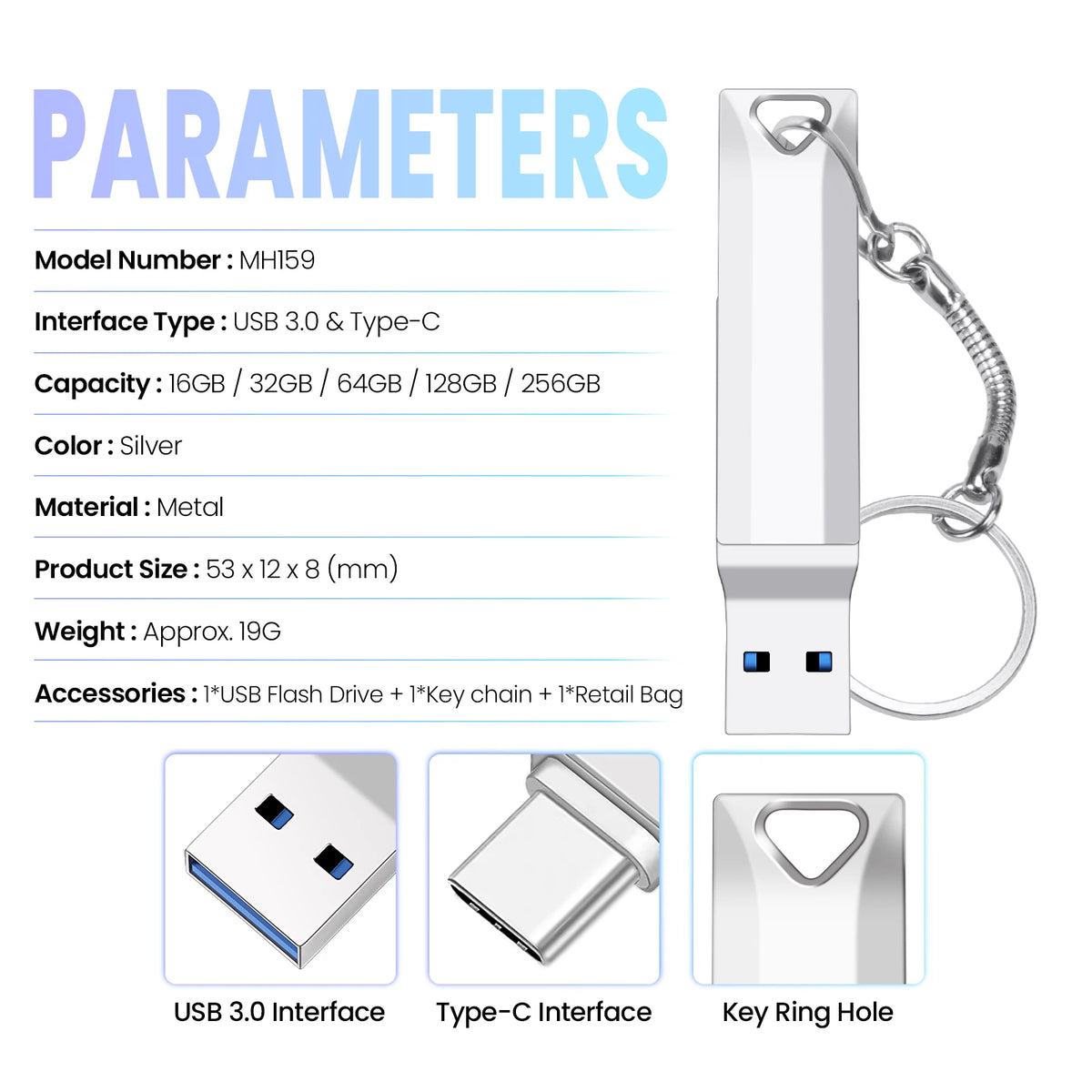 Silver metal body USB 3.0 Type-C flash drive with accessories and key ring hole