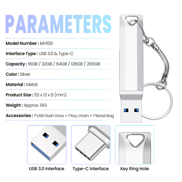 Silver metal body USB 3.0 Type-C flash drive with accessories and key ring hole