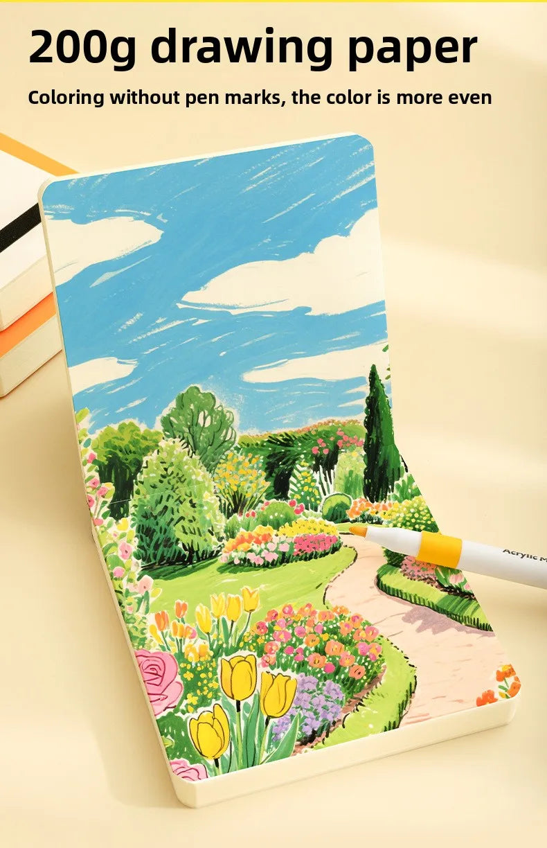 A sheet of 200g drawing paper featuring a colorful landscape painting with trees, flowers, and a winding path.