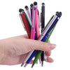 A hand holds a set of ten precision universal touch stylus pens in various colors and finishes.