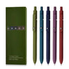 A set of five Morandi Gel ink pens in various shades of green, blue, purple, and red displayed against a dark green box.