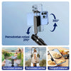 A black Bluetooth selfie stick tripod is shown with various camera angles including landscape, vertical, and food photography