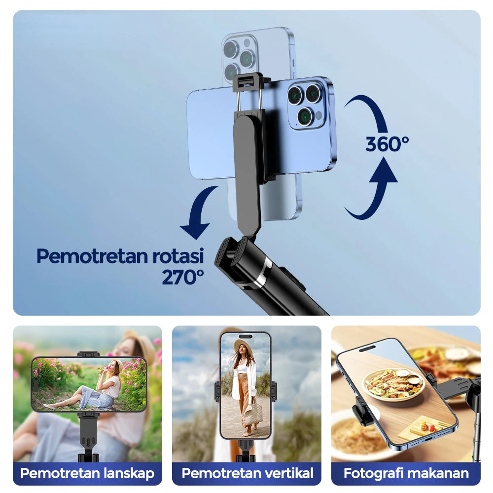 A black Bluetooth selfie stick tripod is shown with various camera angles including landscape, vertical, and food photography