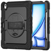 A black heavy duty shockproof iPad case is shown open, revealing a tablet with a built-in screen protector and accessories.