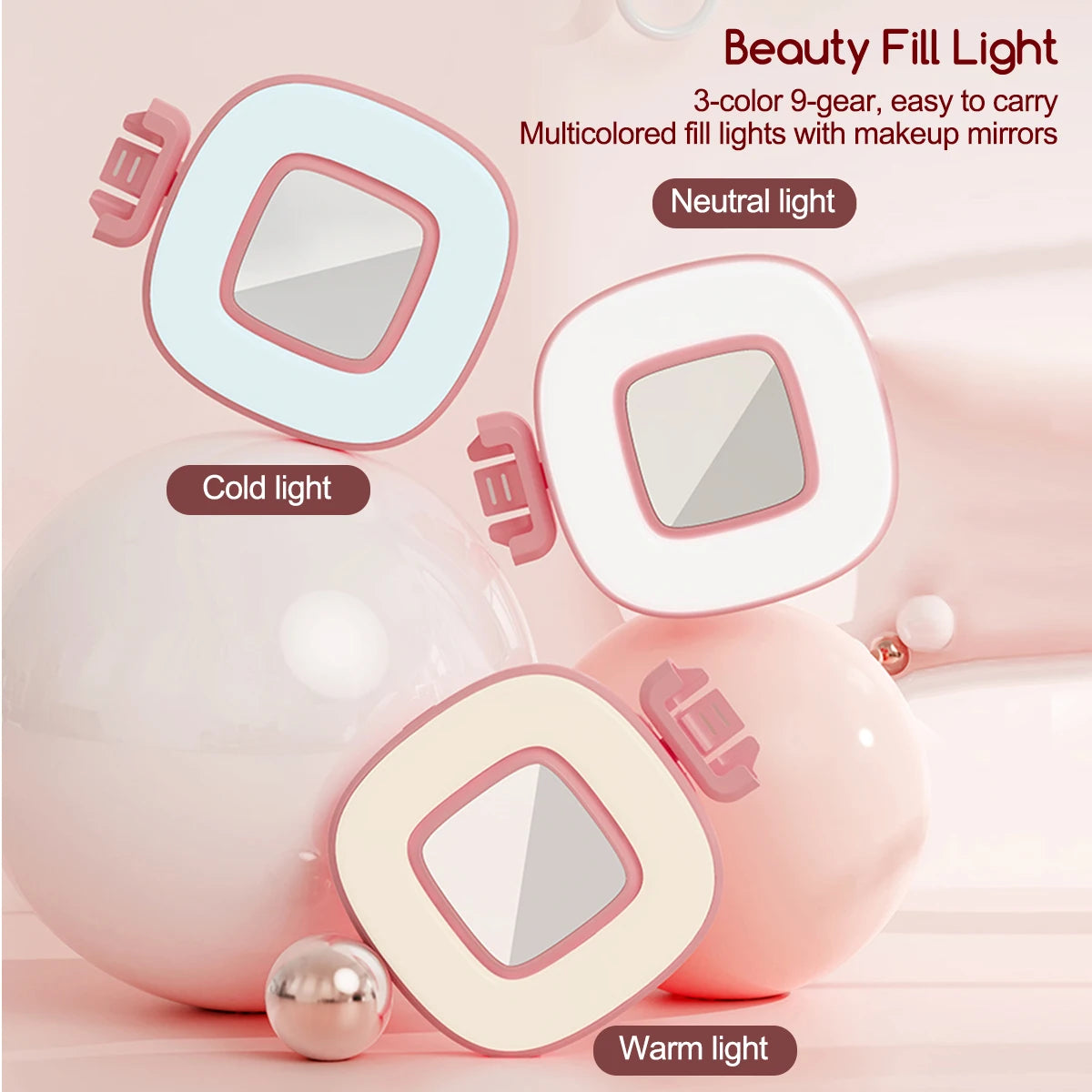 Pink beauty fill light set featuring three light colors neutral cold and warm with makeup mirrors