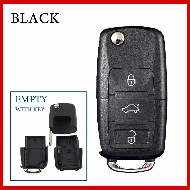 A black realistic fake car key hidden safe with a secret compartment shown alongside its components.