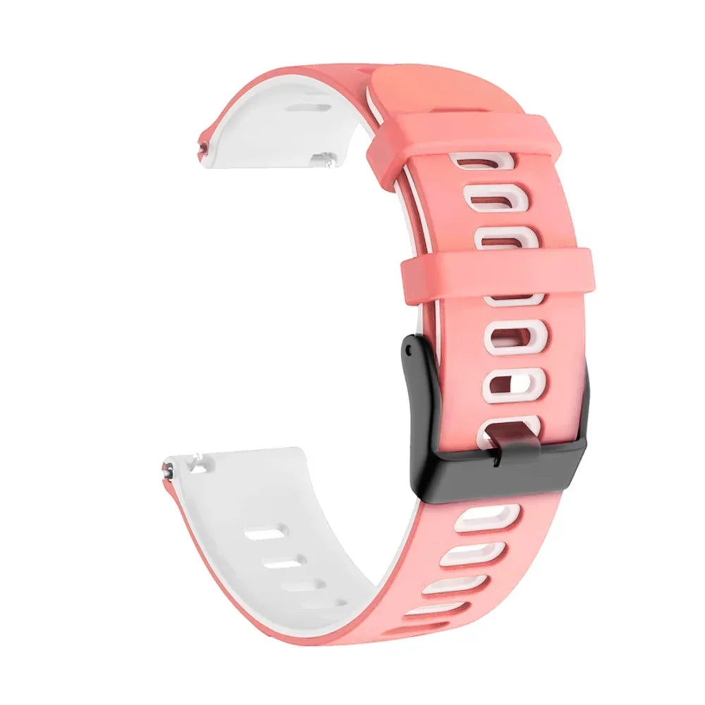 A silicone watch band in coral pink and black for a smartwatch.