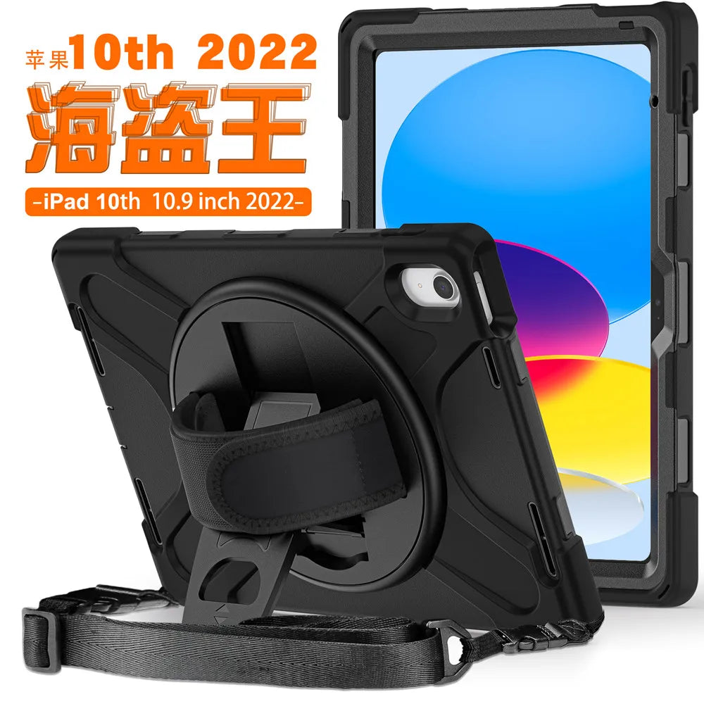 Black universal shockproof silicone case for an iPad with a protective strap visible.
