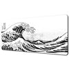 A black and white illustration of a large ocean wave crashing, suitable for an extra large rubber desk mat mousepad.