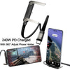 A black and silver 2-in-1 fast charging data cable with a folding stand is shown next to a smartphone.