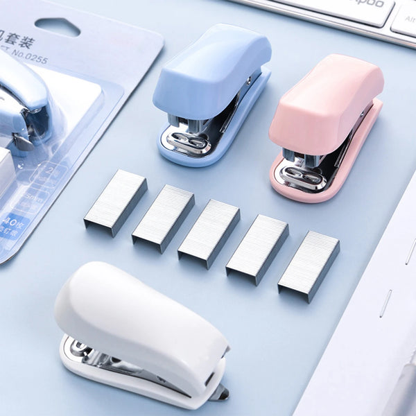 A collection of mini staplers and various sizes of staples displayed on a light blue surface.