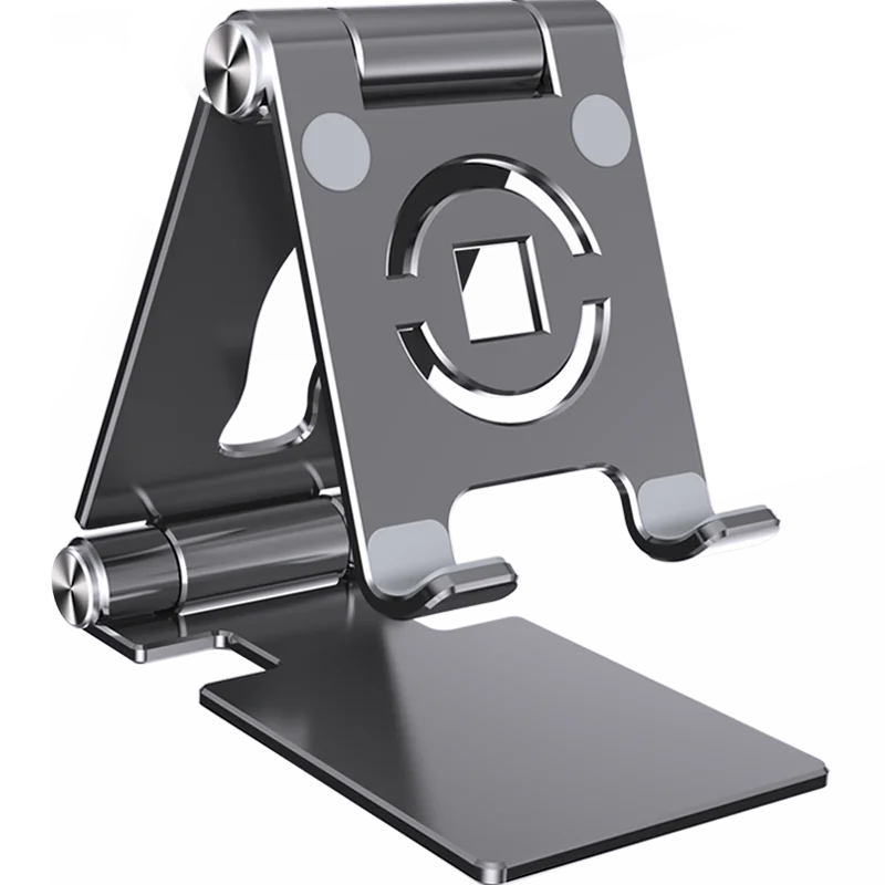 Silberner Tablet-Halter mit rotierender Mechanik und flacher Basis