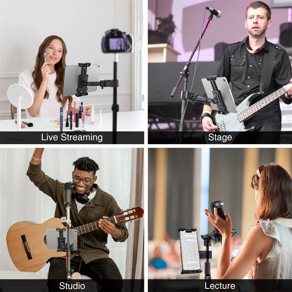 A collage showing various uses of an adjustable tablet and phone stand mount for live streaming, stage performance, studio re