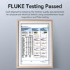 Gerahmtes Dokument mit FLuke-Testbestanden für ein Cat8 Ethernet-Patchkabel.