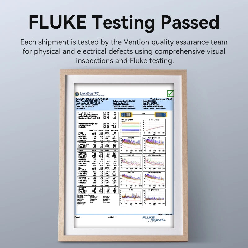 Gerahmtes Dokument mit FLuke-Testbestanden für ein Cat8 Ethernet-Patchkabel.