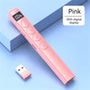 A pink presentation pen pointer with a digital display and red light remote is shown on a light blue background.