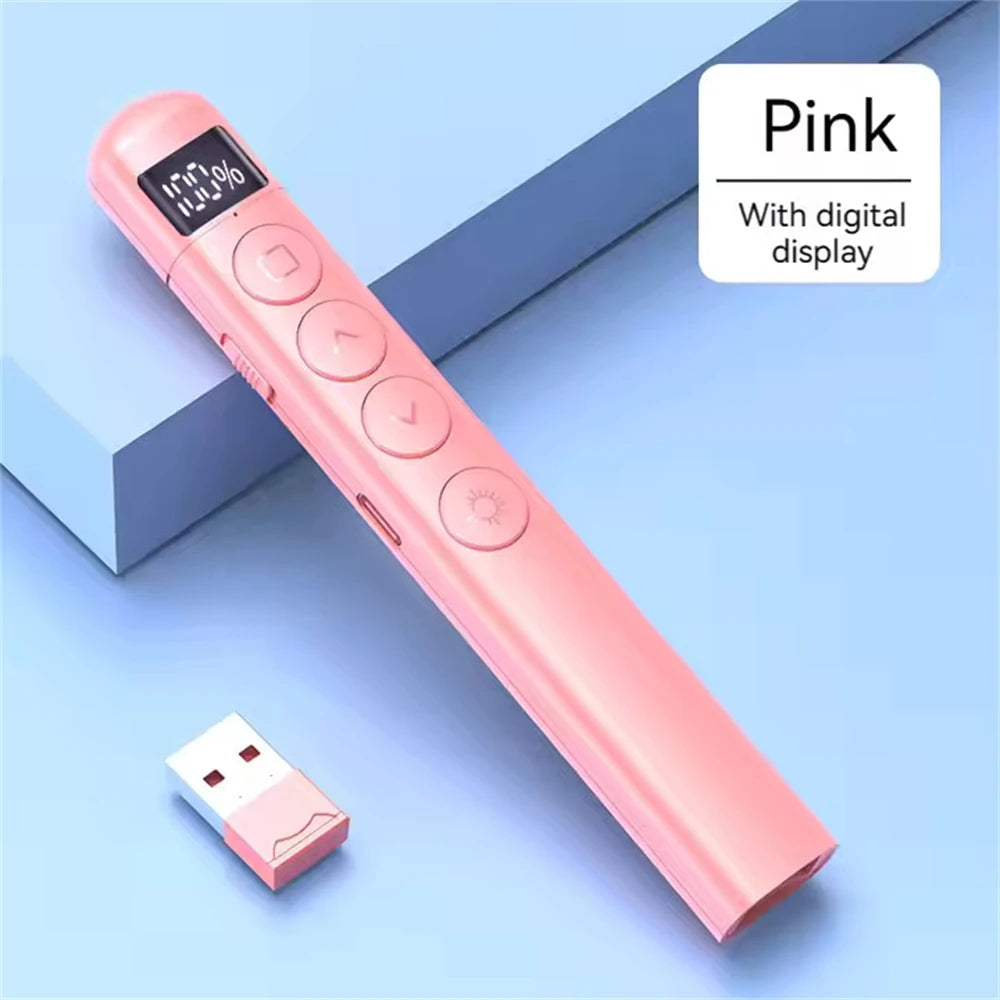 A pink presentation pen pointer with a digital display and red light remote is shown on a light blue background.