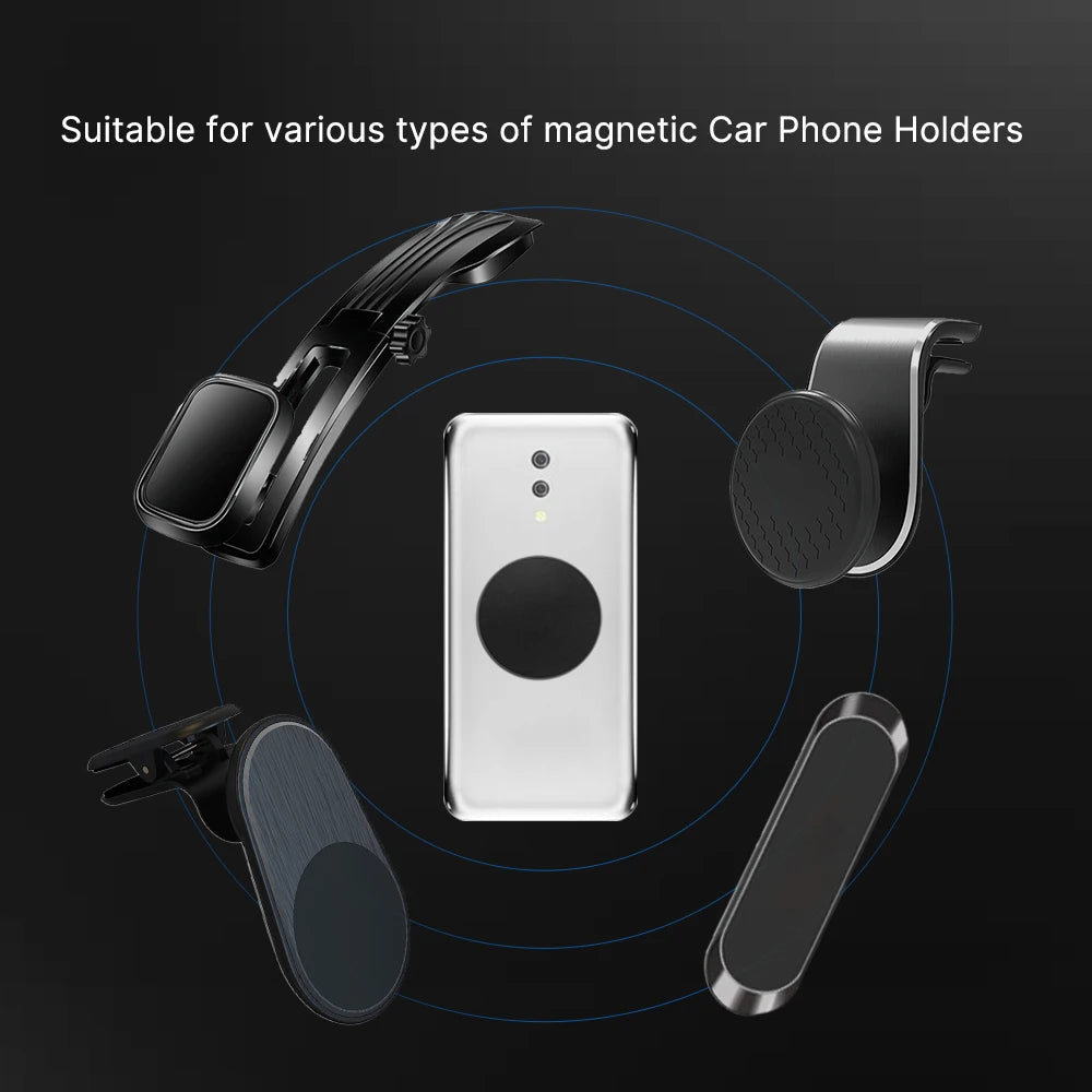 Various magnetic car phone holders shown with a universal mount plate and various attachment types